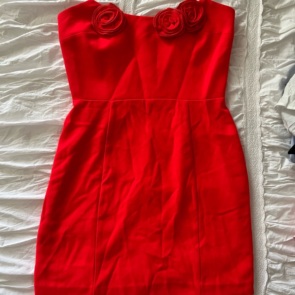Amanda Uprichard Strapless Red Dress with Rosette Details